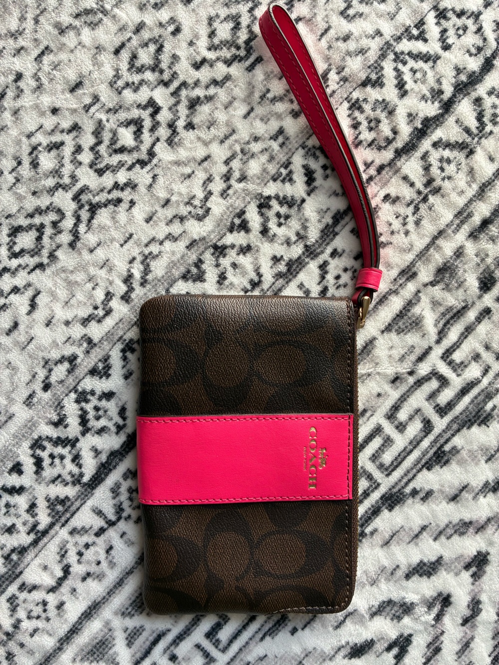 Coach Brown Signature Canvas Wristlet with Hot Pink Accent